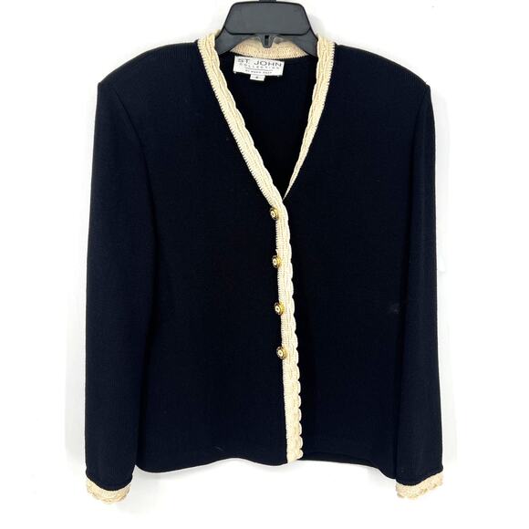St John Collection Black Cream Trim Button Up Sweater Jacket Blazer Wool Blend 6 - Picture 1 of 11